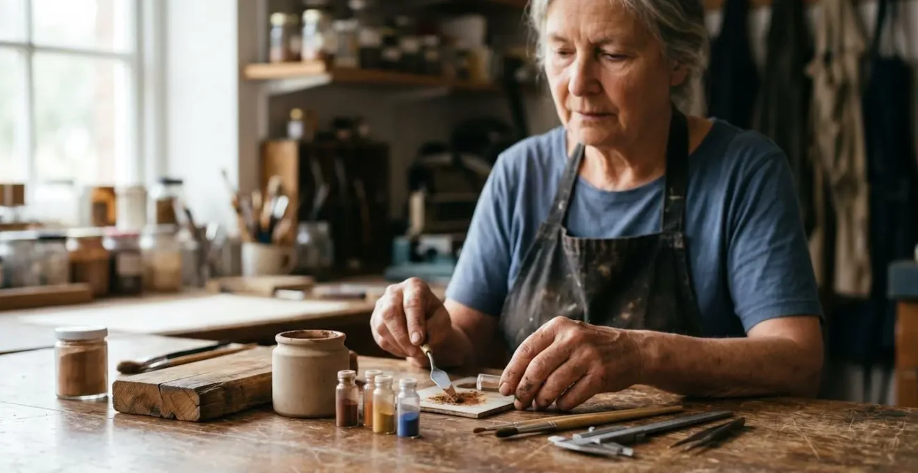 Matériaux précieux de restauration, comme des pigments et de la feuille d'or, soigneusement organisés dans un atelier d'artisan.