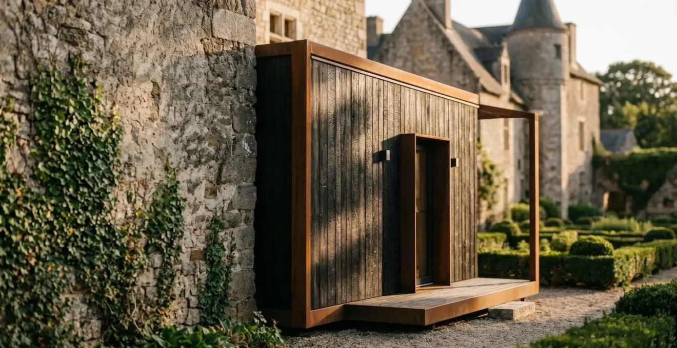 Module sanitaire préfabriqué haut de gamme avec bardage bois naturel dissimulé dans un environnement de château historique