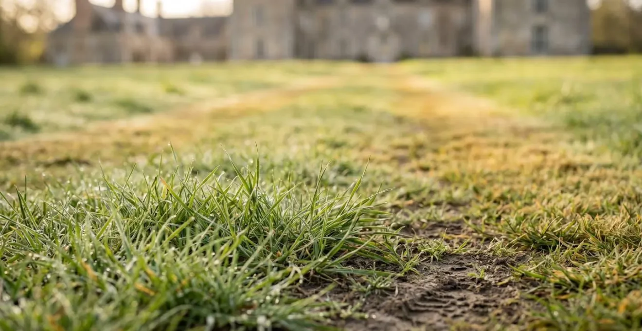 Pelouse de prestige d'un domaine historique en phase de regeneration apres un evenement avec zones de circulation visibles