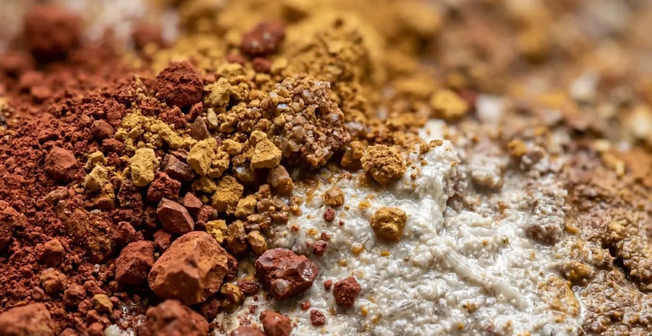 Macro détail de pigments d'oxyde de fer rouge et ocre naturelle mélangés à de la chaux aérienne en pâte