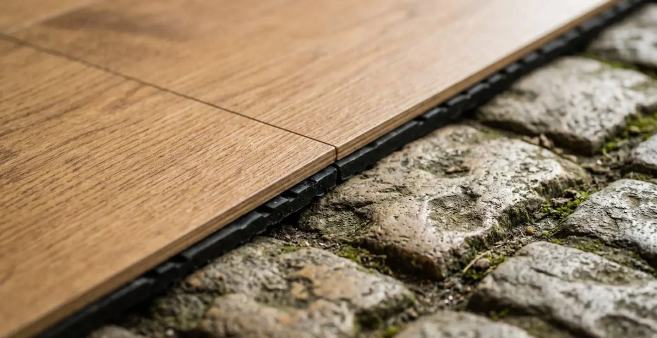 Détail macro d'un système de plancher flottant de protection installé sur des pavés anciens d'un château
