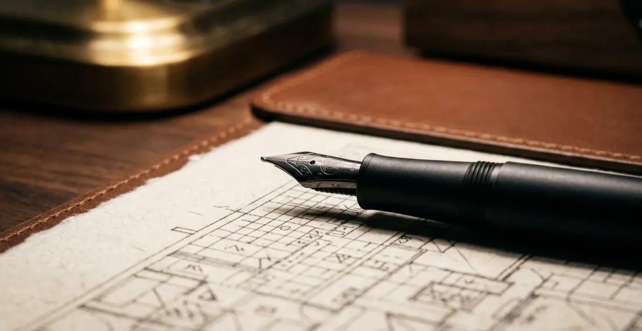 Table de travail avec outils de planification patrimoniale et documents stratégiques