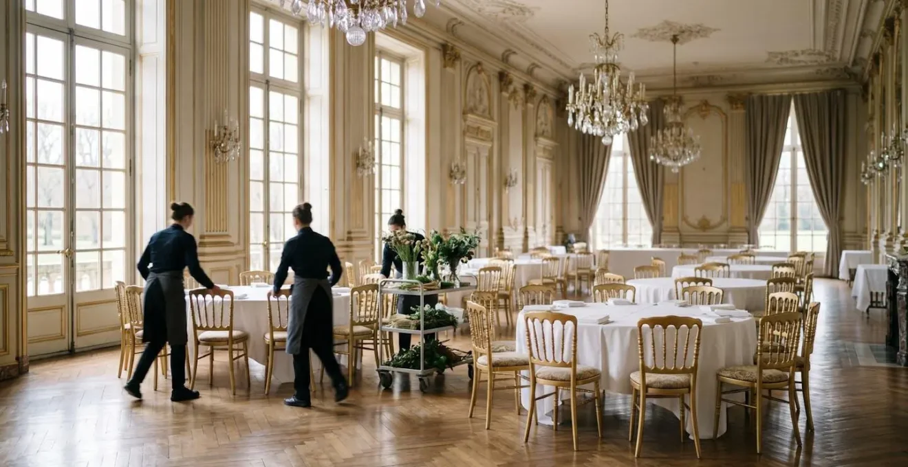 Mise en place d'une réception dans un lieu de prestige, symbolisant l'activité professionnelle de réception événementielle