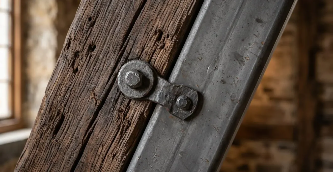 Détail macro de structure de renforcement pour plancher ancien, montrant la précision technique et la préservation du patrimoine