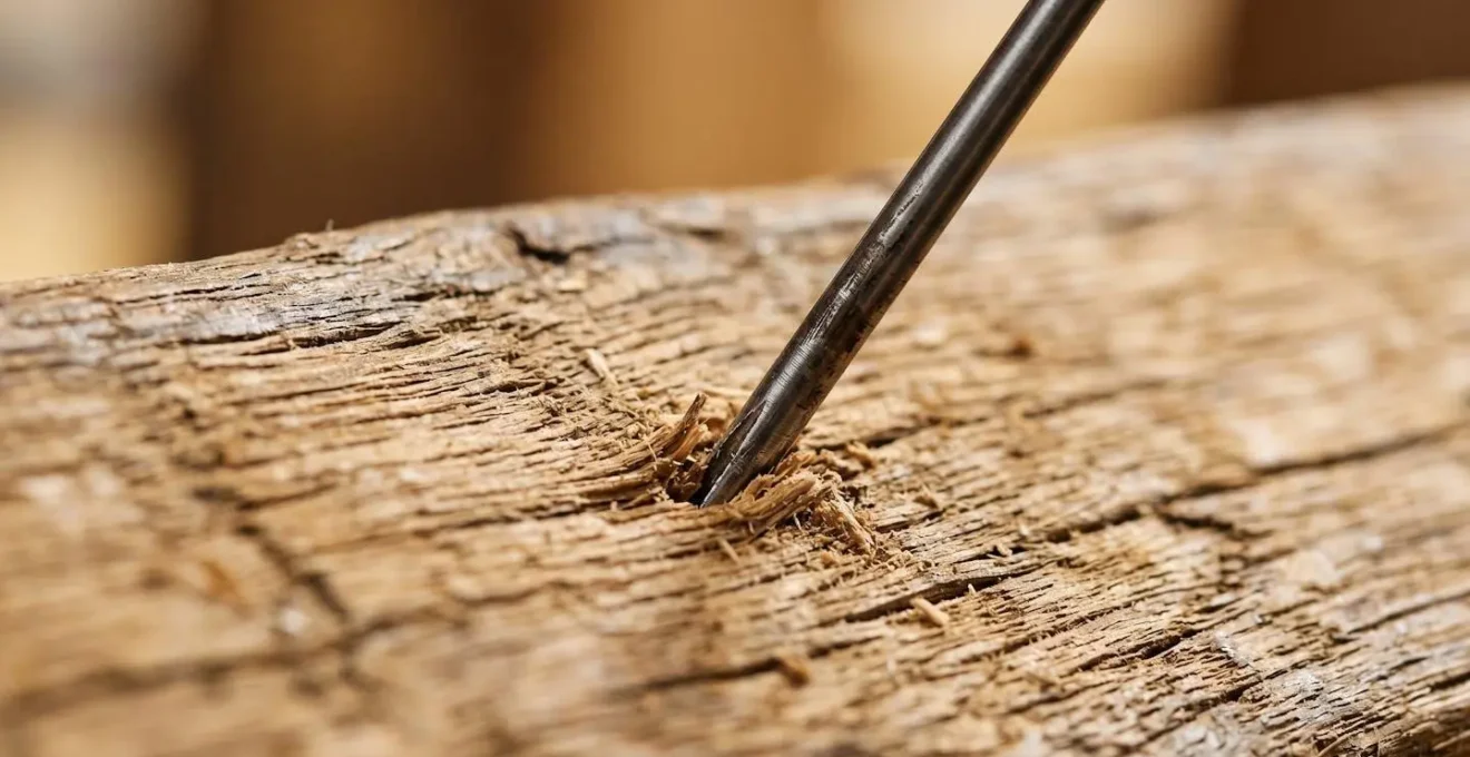 Sonde fine de résistographe perçant une poutre en bois ancien lors d'un diagnostic de charpente historique