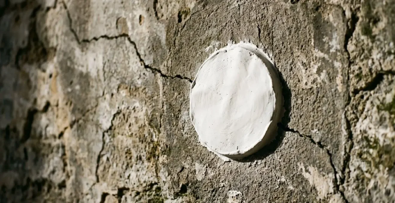 Témoin en plâtre posé sur une fissure murale avec annotation manuscrite de la date