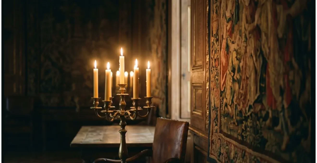 Ambiance nocturne intimiste dans une salle de château éclairée aux chandelles, créant une atmosphère théâtrale et immersive
